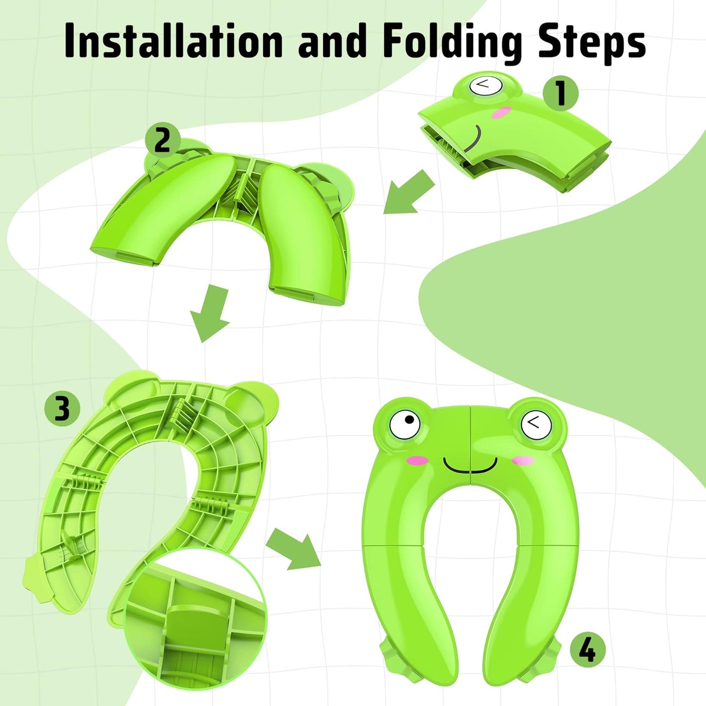 Portable Potty Seat for Toddler Travel - Foldable Non-Slip Potty Training Toilet Seat Cover for Boys Girls, Baby Kids with Drawstring Bag (Green Frog)