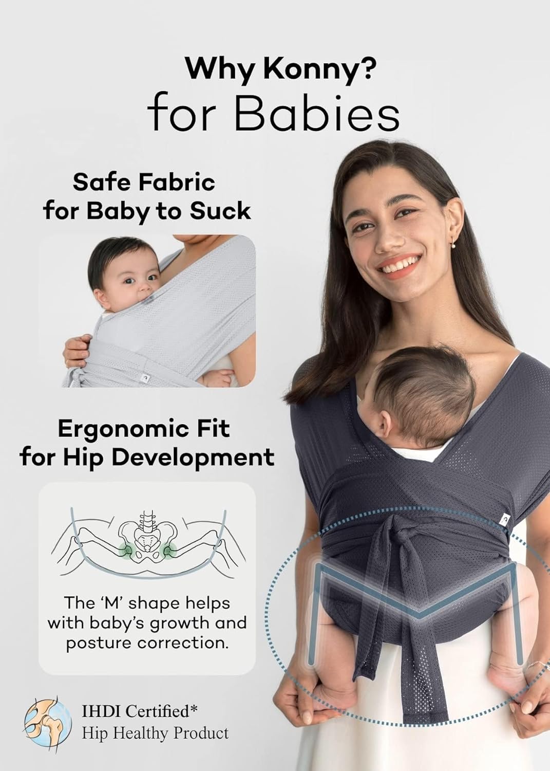 Konny Baby Carrier Flex AirMesh with Head Support- Adjustable, Easy to Wear Baby Wrap Sling, Perfect for Newborn Babies Essentials up to 44 lbs (XS-XL) - Pale Pink
