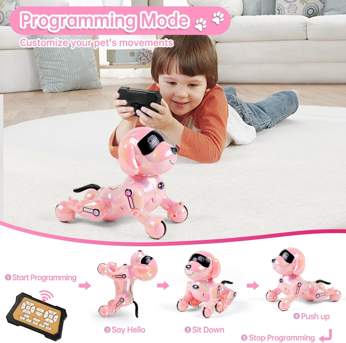Dwi Dowellin Robot Dog for Kids 8-12,Remote Control Smart Robotic Dogs Pet Puppy Robotic Toy,Interactive Touch Walking Talking Toys for Boys Girls Christmas Birthday Gifts(Pink)