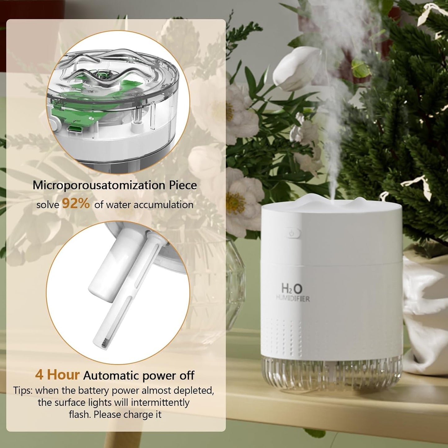 Portable Mini Humidifiers For bedroom baby, 350ml Small Cool Mist Humidifier USB Rechargeable Humidifier For plants, Travel Office Home, Auto Shut-Off,2 Mist Modes Super Quiet,With Night Light