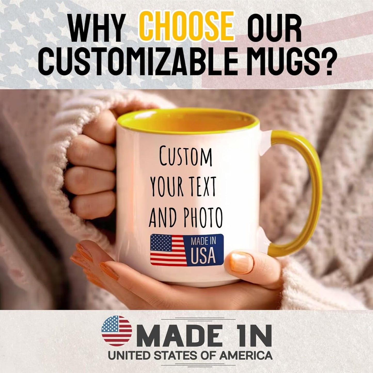 Ship Next Day Custom Mug Design Your Own Photo Text Personalized Picture Gifts for Women Men Customized Gifts Idea Personalized Coffee Mugs 11oz Yellow Handle