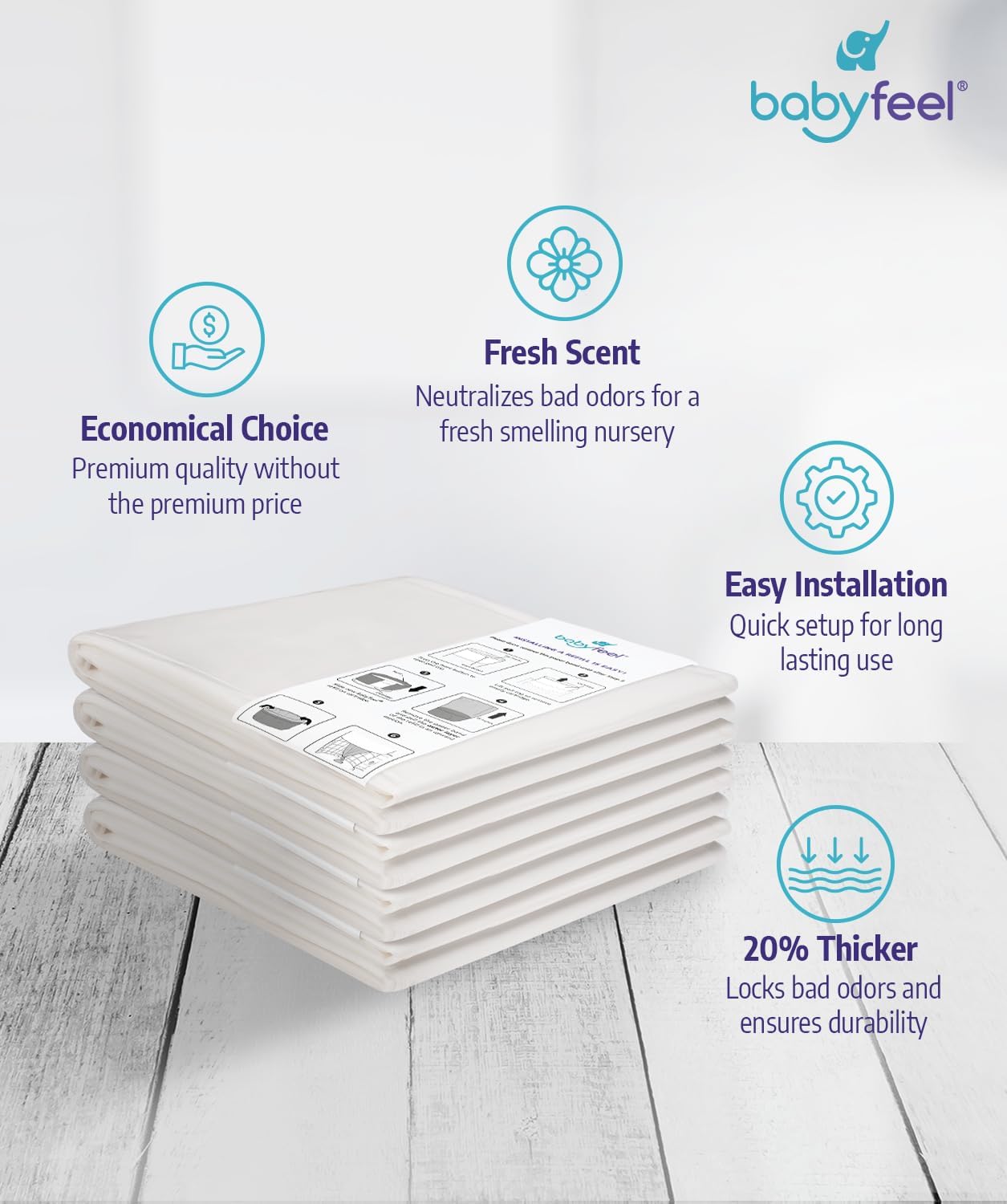 Babyfeel Refills Compatible with DEKOR MINI Diaper Pails | 4 Pack | Exclusive 20% Extra Thickness | Diaper Pail Refills with Powerful Odor Elimination | Powder Scent | Holds up to 1320 Diapers