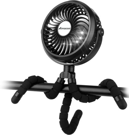 AMACOOL Battery Operated Stroller Fan Flexible Tripod Clip On Fan with 3 Speeds and Rotatable Handheld Personal Fans for Car Seat Crib Bike Treadmill (Black)
