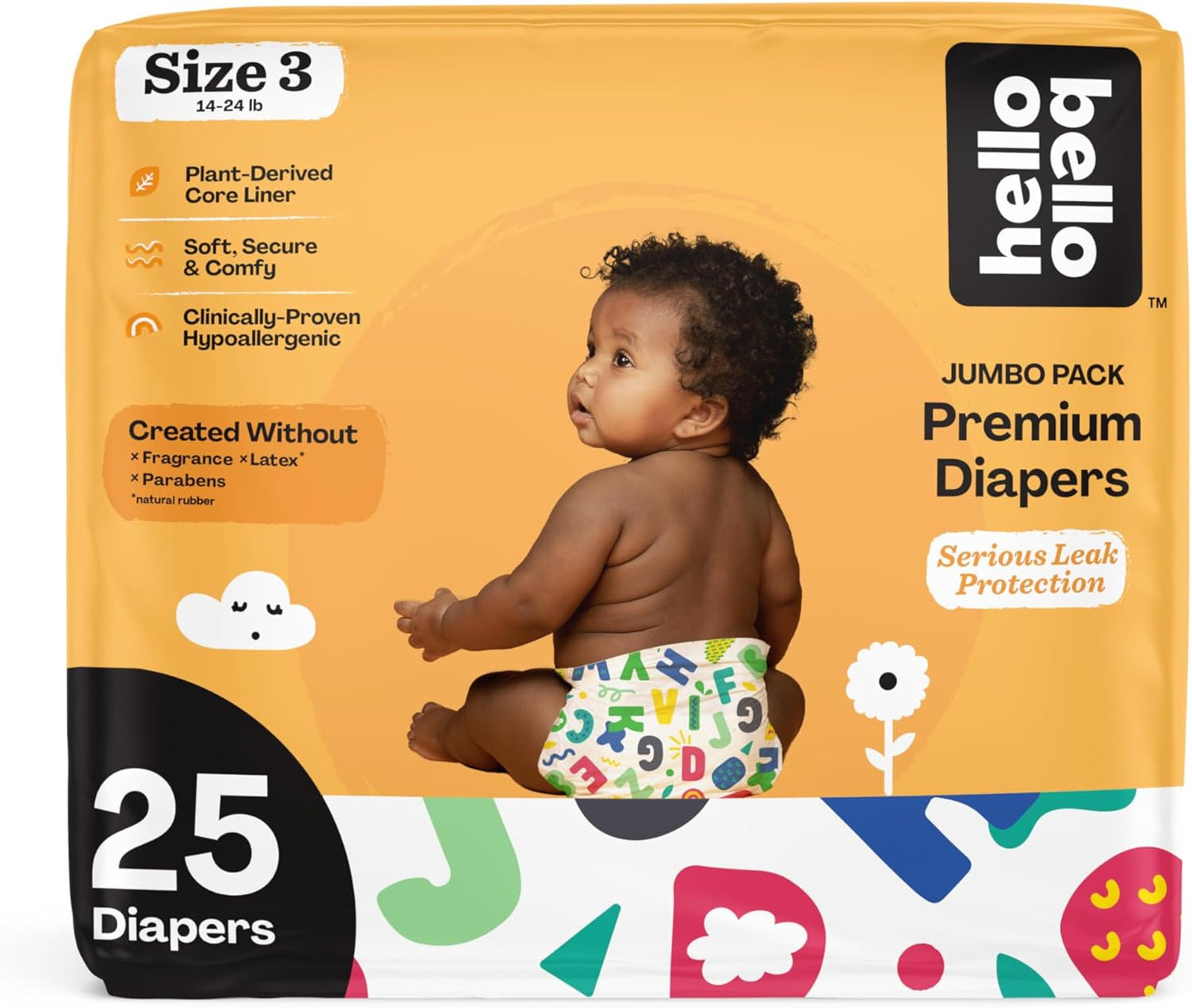 Hello Bello Premium Baby Diapers Size 3, 25 Count of Disposable, Extra-Absorbent, Hypoallergenic Baby Diapers with Snug and Comfort Fit, Alphabet Soup