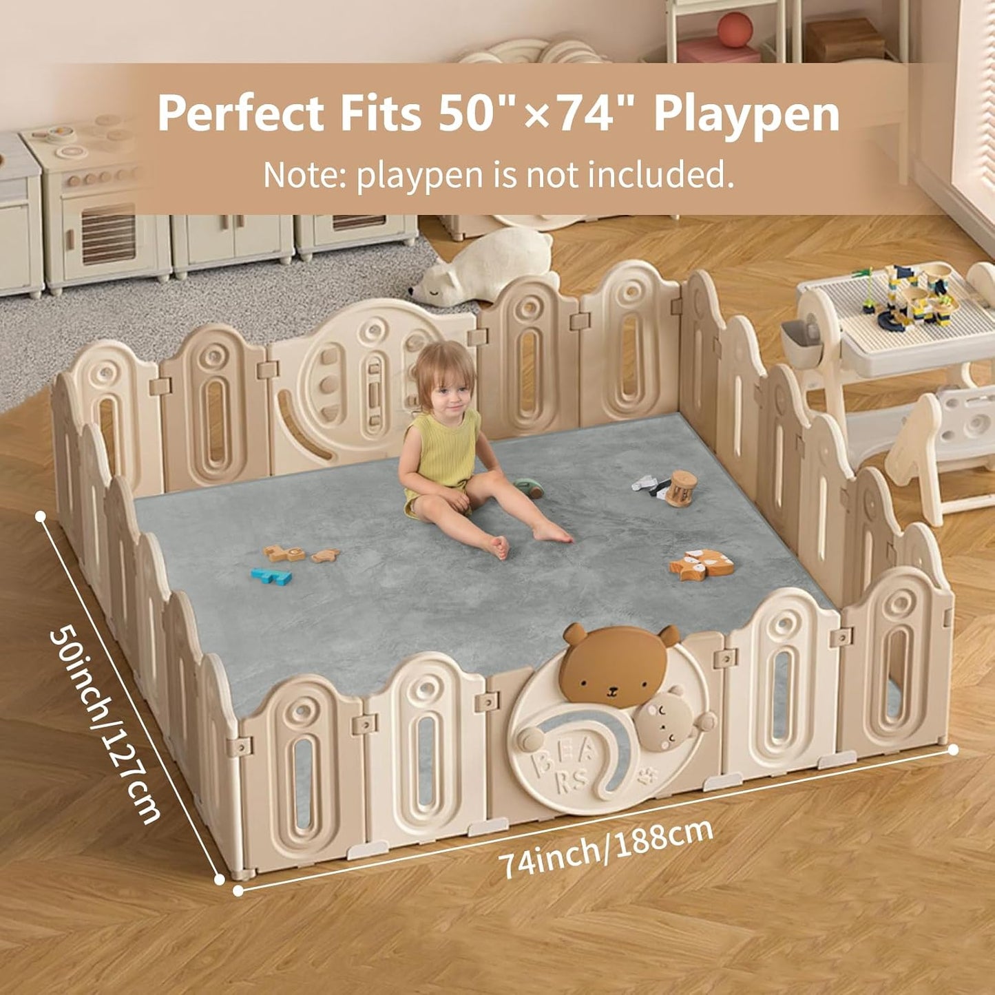 Baby Play Mat for Floor,1.3" Thick Elasti-Foam 50"×74" Playpen Mat for Tummy Time,Water Repellent Soft Coral Velvet for Toddler,Infant,Kids,Non-Slip Backing Safe for Crawling(Light Grey)