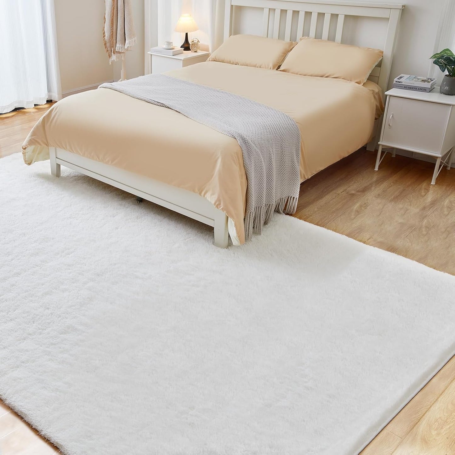 Fluffy White Rugs for Bedroom, 5x7 Plush Cream Area Rugs for Living Room, Non-Slip Shag Floor Carpet for Kids Room, Girls Room, Bedside, Playroom, Indoor Decor