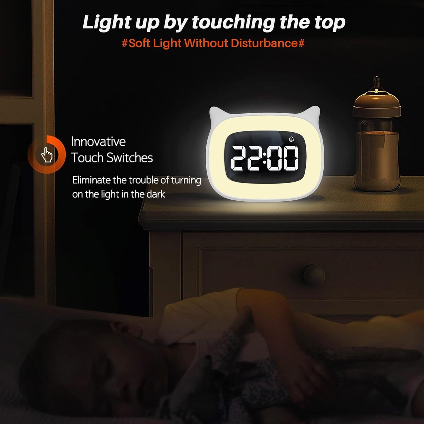 Kids Alarm Clock with Night Light & 18 Ringtones,Rechargeable,Cute Cat Ear Clock for Boys Girls Birthday Presents,Digital Clock for Children's Bedroom(White)
