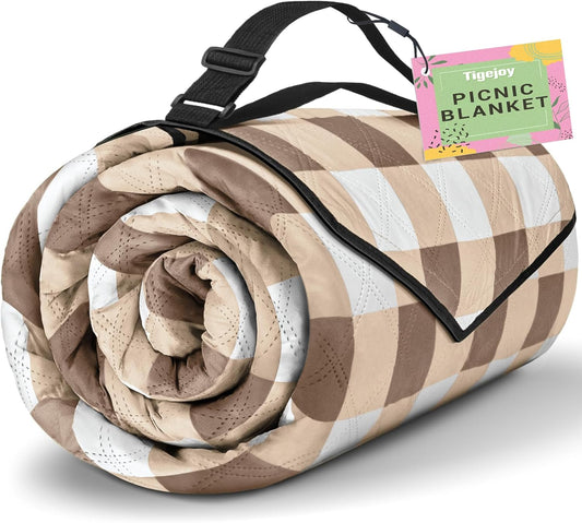 TigeJoy Extra Large Picnic Blanket Waterproof Foldable 60''x80'', Outdoor Picnic Mat Beach Blanket Sandproof for Park, Grass, Travel, Hiking, Camping Essentials, Gingham Picnic Blanket