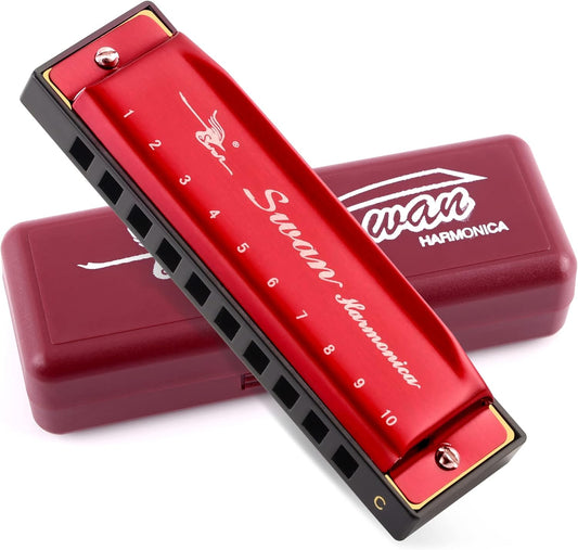 SWAN Blues Harmonica Key of C Mouth Organ Diatonic Harmonica with Case, 10 Hole 20 Tones Stainless Blues Harp for Adults, Beginners(Burgundy Red)