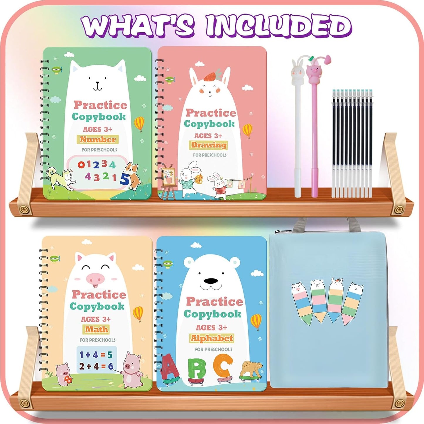 Upgraded Large Size Magic Practice Writing Copybook, Reusable for Kids, Reusable Copybook Preschool for Kids Age 3-8 Calligraphy(4 Books with Pens)-Blue Bag