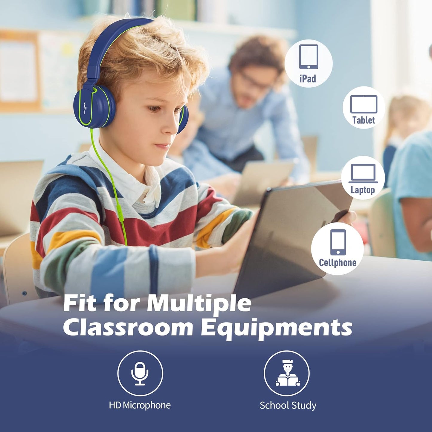 AILIHEN Kids Headphones, I35 On-Ear Headphones for School, Safe Volume 93dB, HD Mic Stereo Headphone for Kid Girls Boys, Foldable 3.5mm Wired for Chromebook, Laptop, Computer, Tablet (Blue Green)