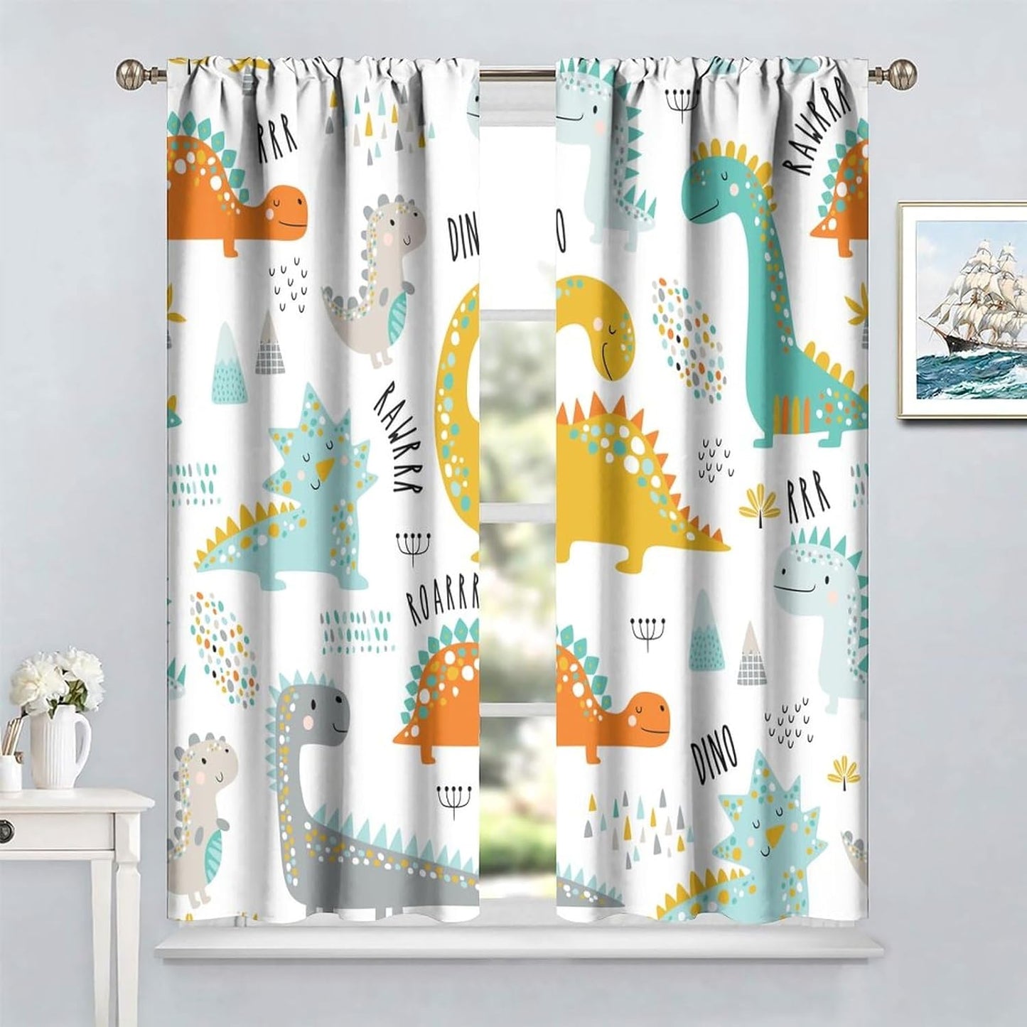 Dinosaur Curtains for Kids Boys Girls Home Decor Childish Cute Dino Animals Print Pattern Rod Pocket Blackout Window Drapes for Nursery Baby Bedroom Playroom W26xL84in 2 Panels