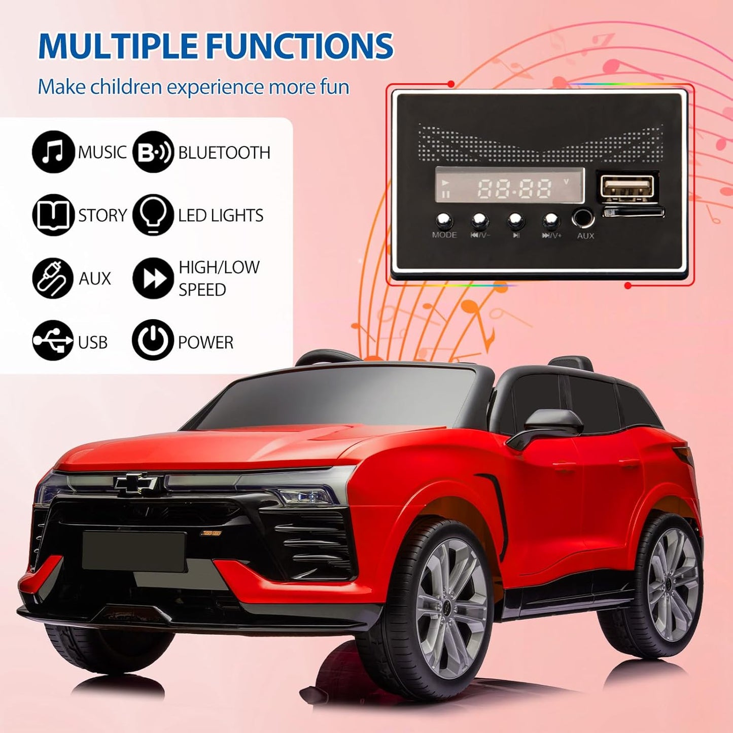 Hetoy 24V 2-Seater SUV Licensed Chevrolet Blazer Ride On Car Toy w/Parent Remote Control, 3 Speeds, Wireless Music, MP3 Player, Electric Car for Kids Ages 3-8, RED
