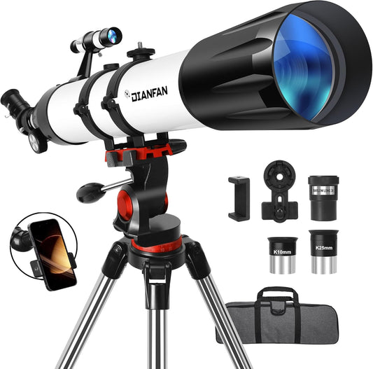 Dianfan Telescope,90mm Aperture 800mm Telescopes for Adults Astronomy,Portable Professional Refractor Telescope for Beginners,with Stainless Tripod & Phone Adapter,Carry Bag