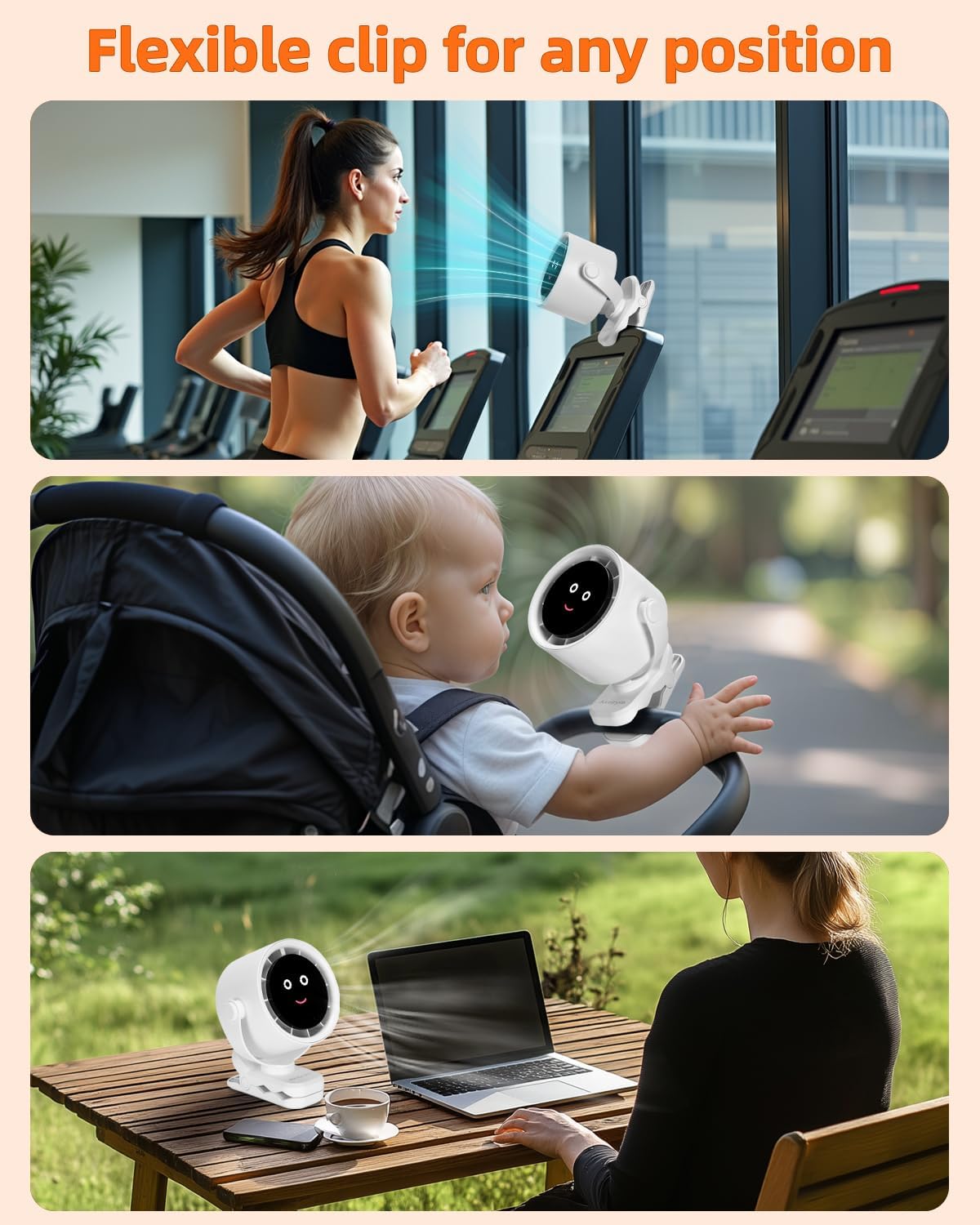 Clip on Fan for Bed, Portable Fan for Travel, 360° Rotate Battery Operated Personal Fan, Air Turbo Tech & Digital display, stroller fan with 5 Speeds, For Home Office Stroller Camping - White