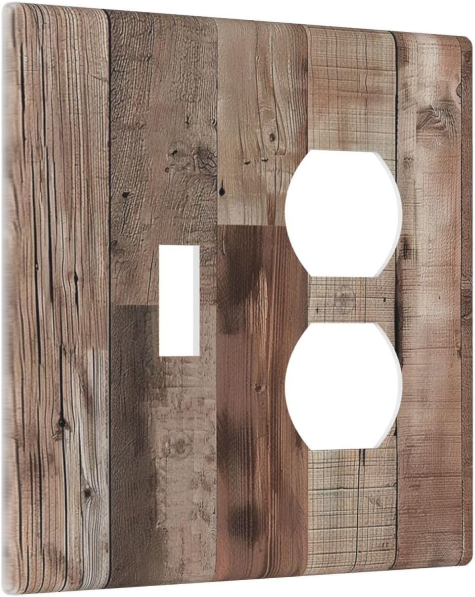 Decorative Outlet Covers Retro Wood Plank Vintaga Wooden Board 2 Gang Wall Plate Cover Single Toggle Duplex Combo Two Switch Light Switch Cover Plate Jumbo Dual GFCI Faceplate