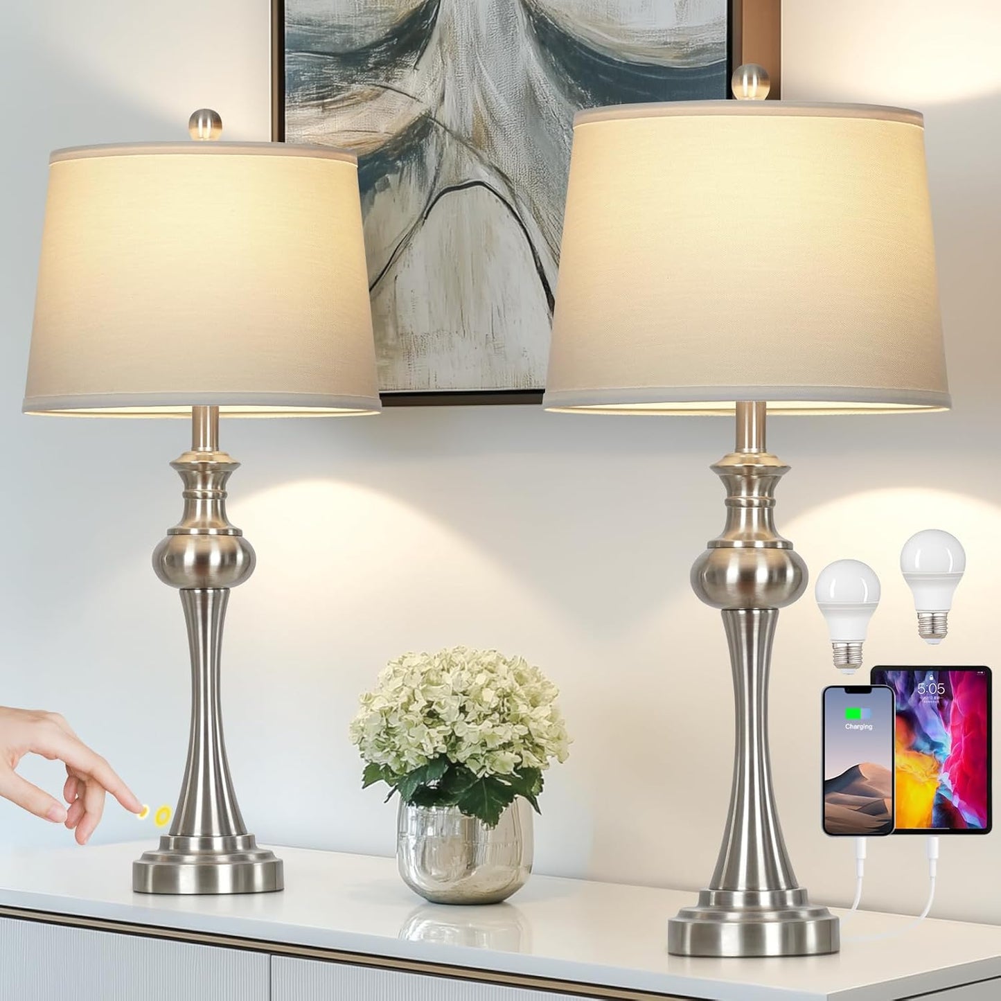 28.75"Silver Table Lamps Set of 2, 3 Way Touch Control Living Room Lamps with USB A+C Ports & Outlets , Modern Bedside Lamps, Elegant Metal Nightstand Lamps for Bedroom Office End Table Decoration