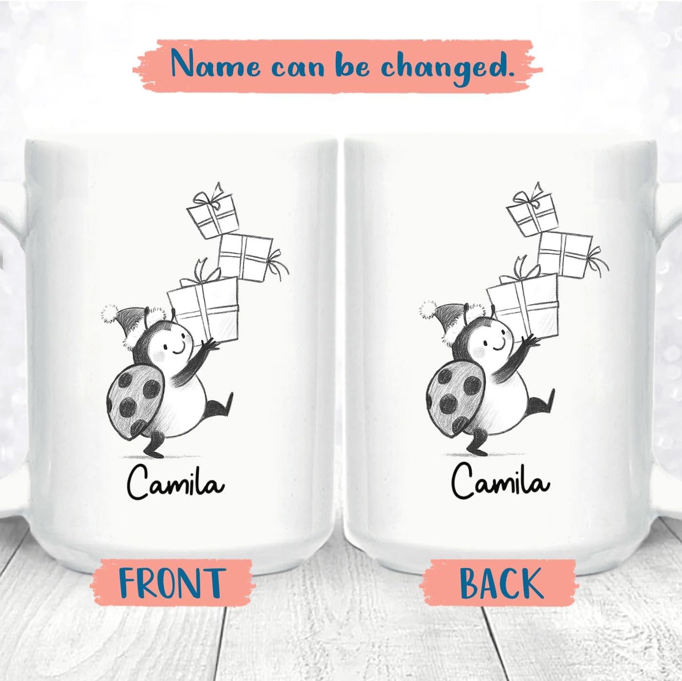 Ladybug Accent Ceramic Teacup, Personalized Ladybug Lover Coffee Mug Gift For Family Friends Besties Sibling, Cute Ladybugs Coffee Cup 11 15Oz, Customized Name Ladybugs White Coffee Cup For Birthday