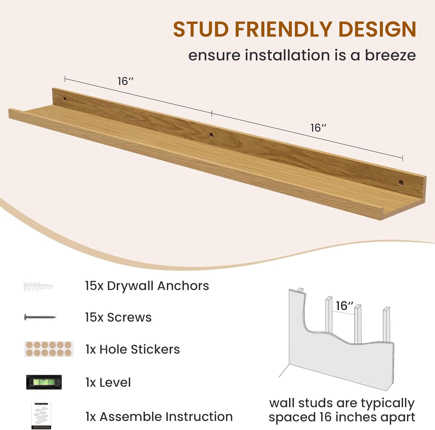 Axeman Picture Ledge Shelf, Floating Shelves for Wall Decor Storage Set of 6, 36 inch Floating Wall Mounted Shelves, Wall Shelves with Lip for Living Room, Bedroom, Nursery, Bathroom, Kitchen, Oak