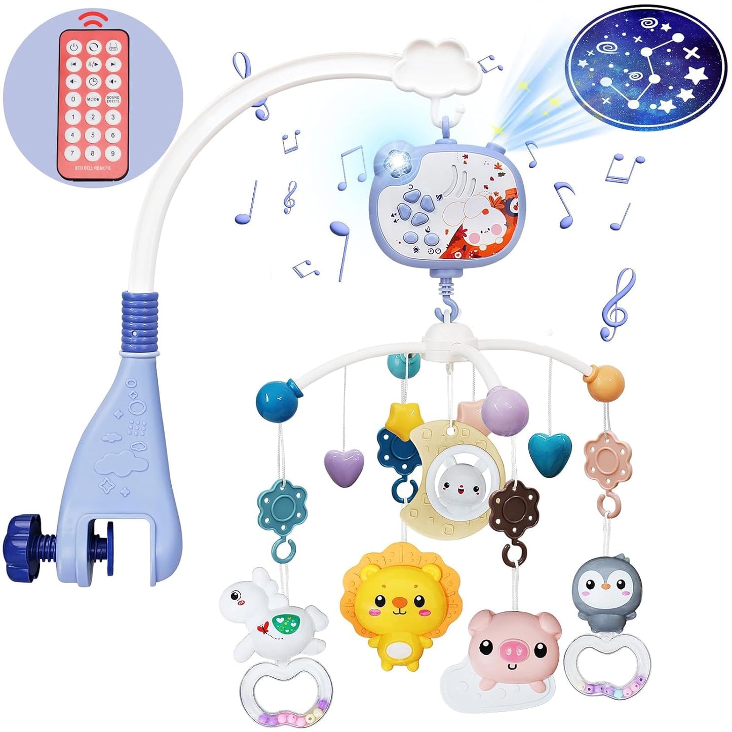 Baby Mobiles for Cribs, Crib Mobile with Music and Lights, Nursery Musical Mobile for Bassinets Hanging Toys with Remote Control, Rotation, Projection, Animal Mobile Arm Clip On for Infant Boys Girls