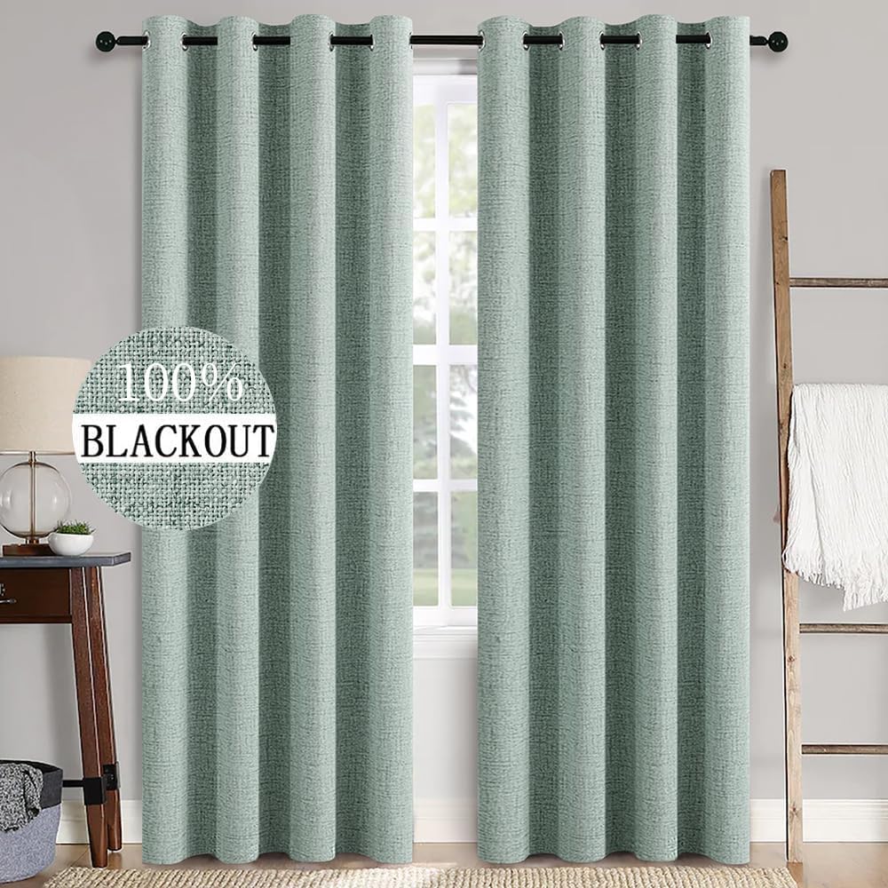 MIULEE Linen Texture Curtains for Bedroom Solid 100% Blackout Thermal Insulated Seafoam Green Curtains Grommet Room Darkening Curtains/Draperies for Living Room Nursery 52x108 Inch (2 Panels)