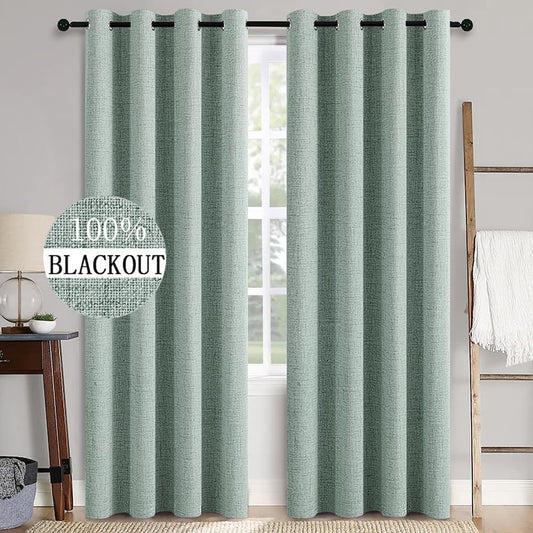 MIULEE Linen Texture Curtains for Bedroom Solid 100% Blackout Thermal Insulated Seafoam Green Curtains Grommet Room Darkening Curtains/Draperies for Living Room Nursery 52x108 Inch (2 Panels)