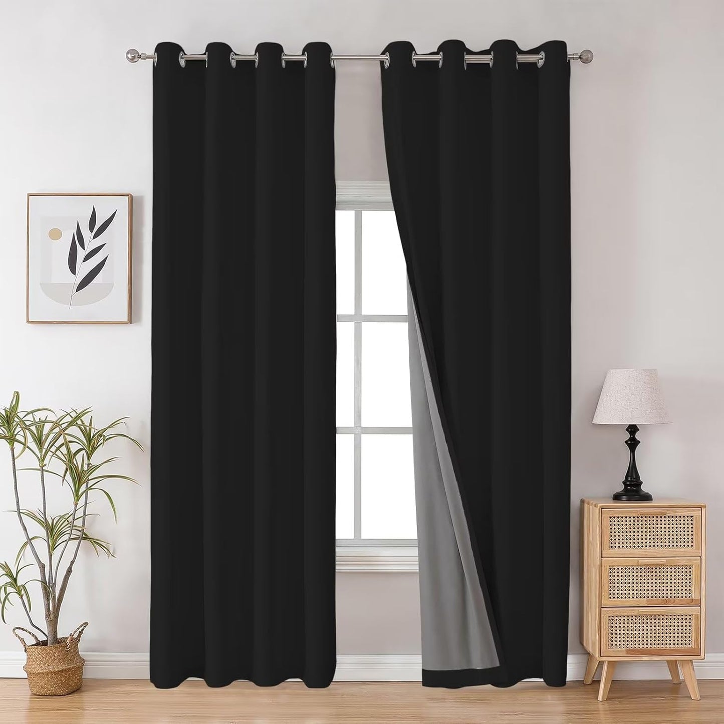 Joydeco Blackout Curtains 108 Inches Long, Black Extra Long Black Out Curtains for Living Room Bedroom, Grommet Total Room Darkening Drapes Grommets Solid Drapes for Bedroom Windows