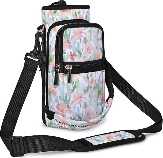 25/32/40/64oz Water Bottle Bag Holder Carrier-Insulated Crossbody Sling Case Sleeve with Strap & Pockets for Men Women Gym Cycling Travel Walking Hiking Camping