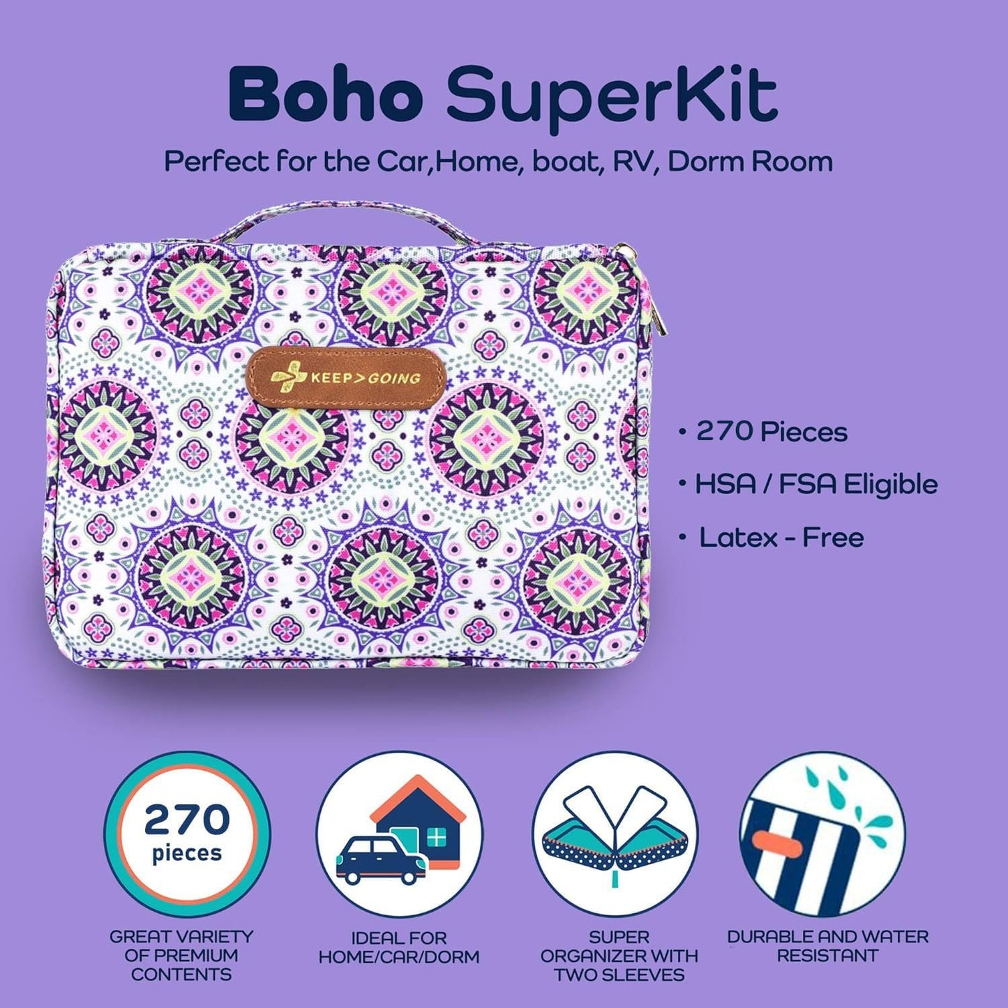 KeepGoing Large Home First Aid Kit for Kids – 270 Pc. for Car, Home, Dorm, & Boat with Latex-Free Bandages – 10 x 7 x 3.5 in. Travel First Aid Kit (Boho)