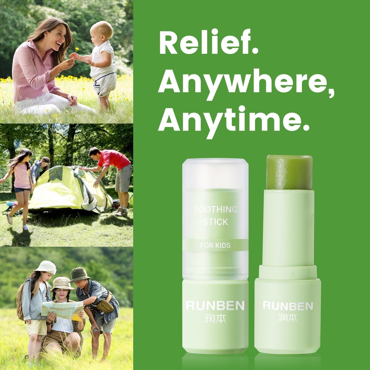 RUNBEN 2Pcs Mosquito Bite Itch Relief Stick, Anti Itch Cream Stick from Bug Bite, Itch Relief for Baby Kids, Summer Camping Essentials, Plant-Based, Travel-Pocket Size