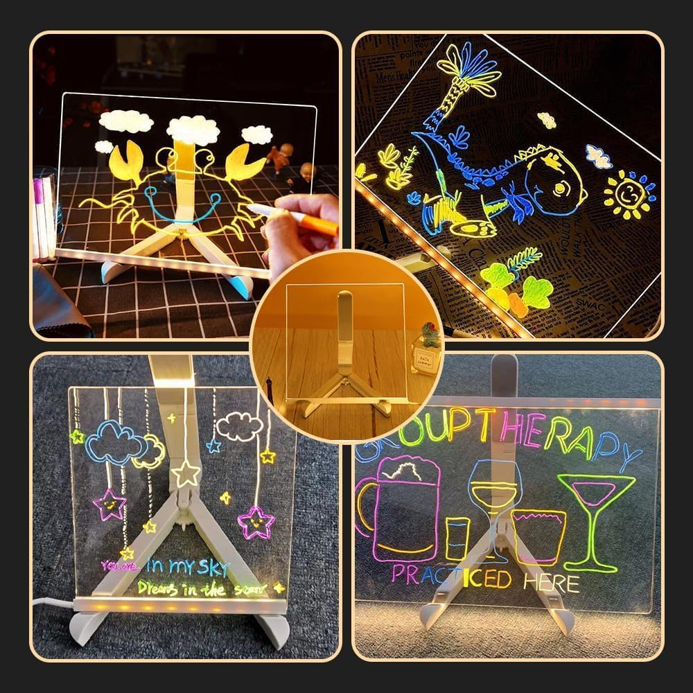 LED Drawing Board, Light Up Erasable Acrylic Message Board with Night Light, Neon Writing Tablet with Adjustable Stand & 12 Color Pens for Kids, Office, and Home Decor (11.8 * 7.9in)