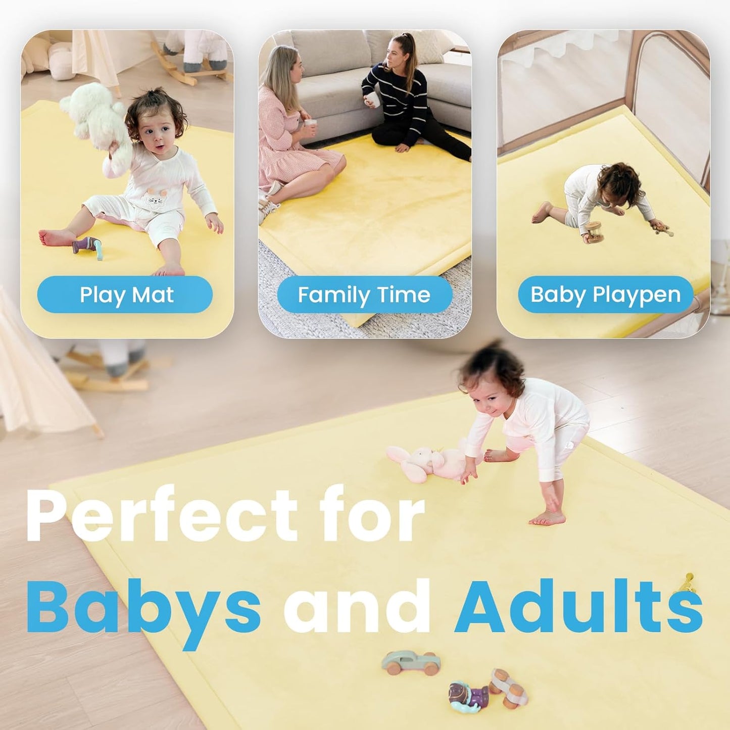 1.3" Thick Baby Play Mat,Ultra Soft Elasti-Foam 50×50 Playpen Mat for Tummy Time,Water-Repellent Coral Fleece Nursery Rug for Infants,Toddlers,Kids,Non-Slip Safe for Crawling(Vanilla)