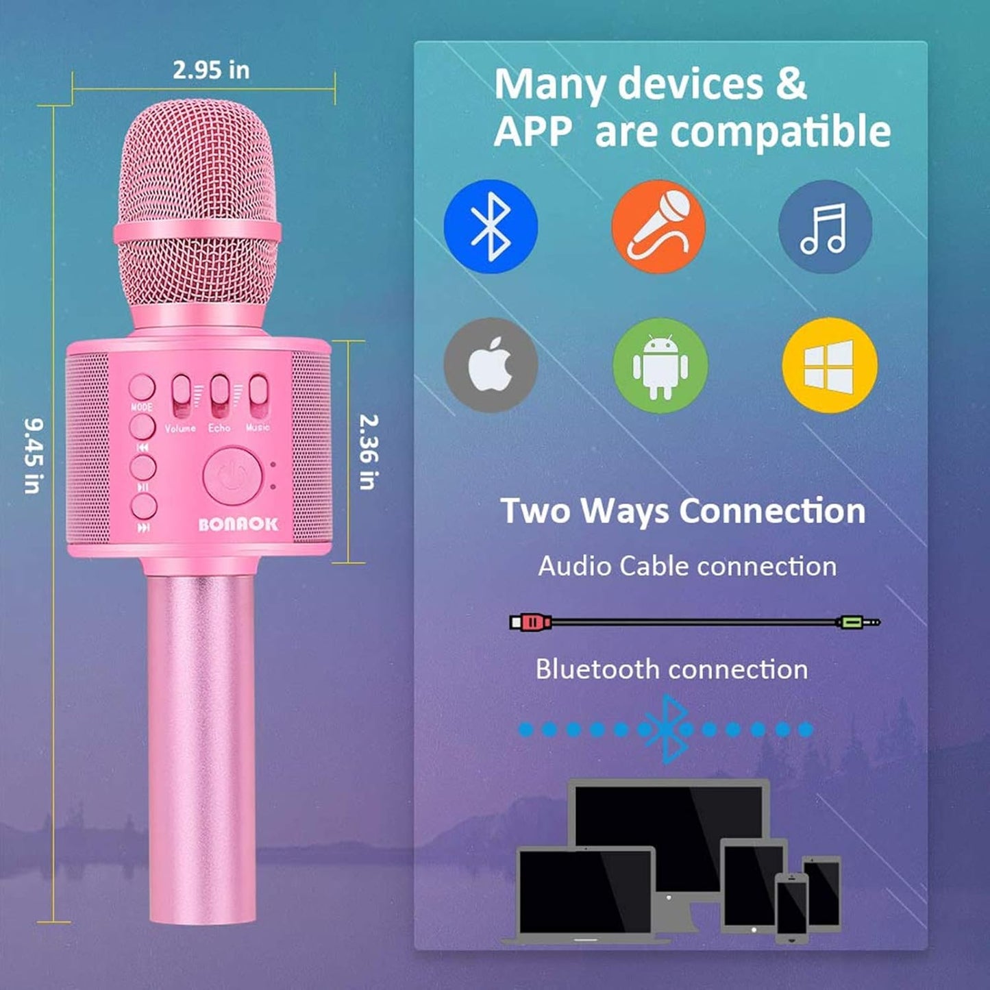 BONAOK Wireless Bluetooth Karaoke Microphone,3-in-1 Portable Handheld Karaoke Mic Speaker Machine Home Party Birthday for All Smartphones Q37 (P-Ink)