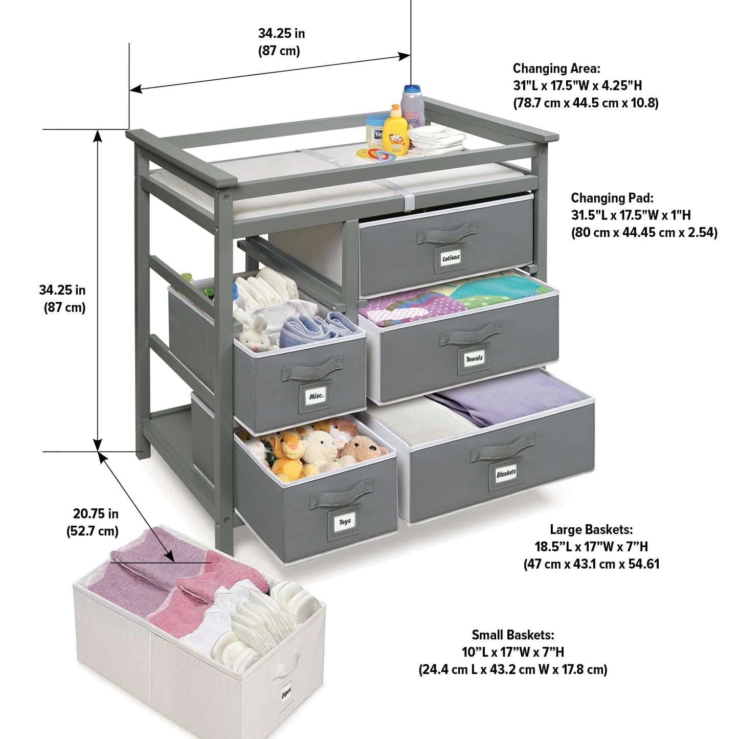 Badger Basket Modern Baby Changing Table - Diaper Station Organizer with 6 Storage Drawers, Reversible Baskets, Safety Rails - Baby Nursery Furniture with Changing Pad and Belt - Gray