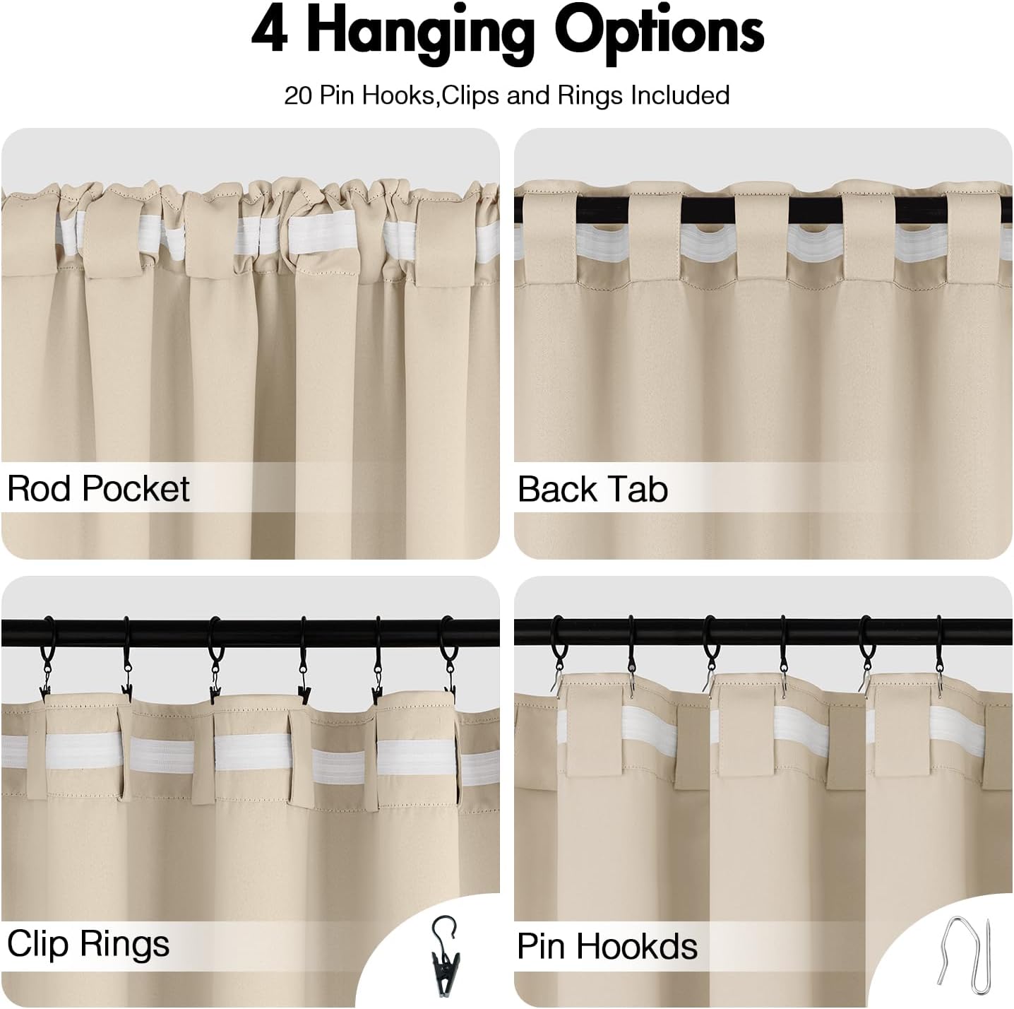 ANRODUO Back Tab Blackout Curtains for Bedroom Living Room, Rod Pocket Pinch Pleated Thermal Insulated Room Darkening Curtains 90 Inches Long 2 Panels, Cream Beige, 52 x 90 Inch
