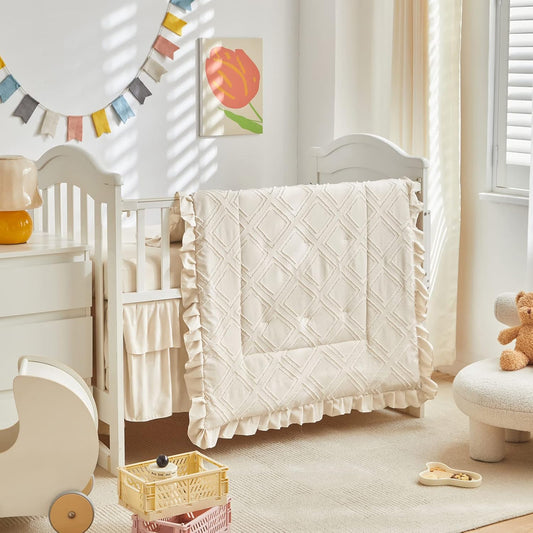 Tufted Ruffle Crib Bedding Set 3 Pieces Baby Boho Quilted Comforter with Fitted Sheet and Bed Skirt - Cute Ruffled Shabby Chic Baby Bedding Soft Blanket Design Cream White