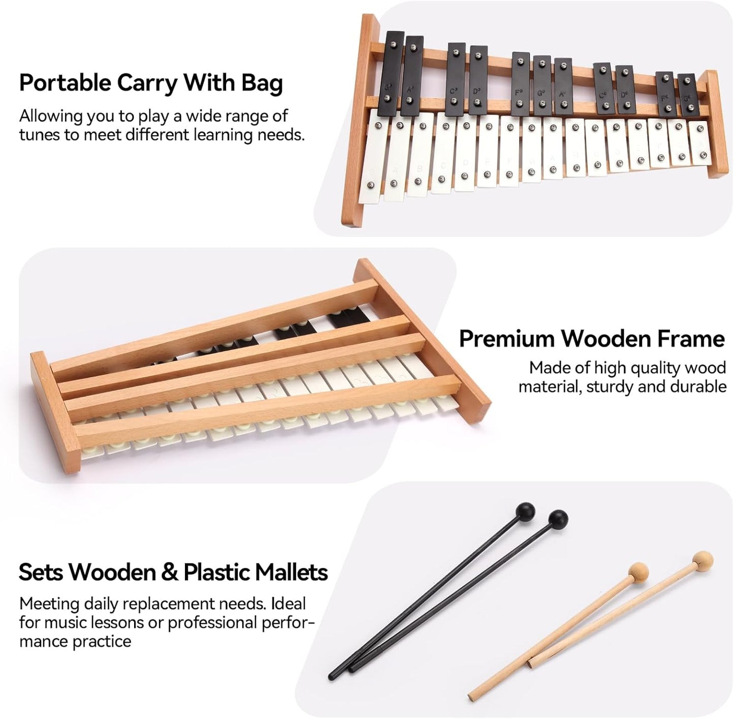 Heuyrao 27 Notes Glockenspiel Xylophone, Professional Wooden Glockenspiel Instrument, Xylophone Bell Kit for Adults and Kids- Includes 4 Mallets and Carrying Bag - Black & White