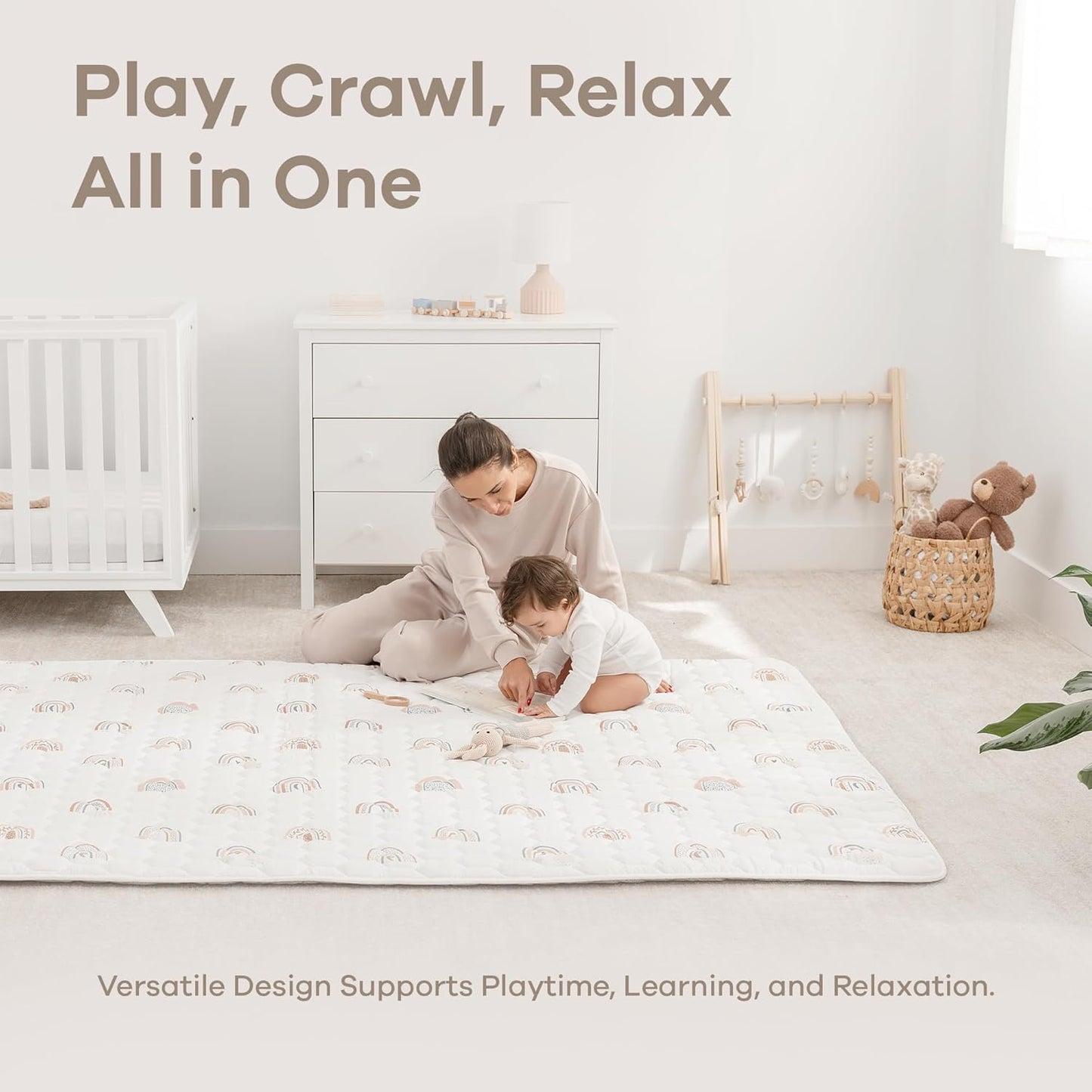 Comfy Cubs Rectangle Kids Play Mat - Large 60 x 96 inches Soft Quilted Baby Floor Mat with Non-Slip Bottom - Plush Design for Toddlers' Playtime and Relaxation - Comfortable and Durable - Rainbow