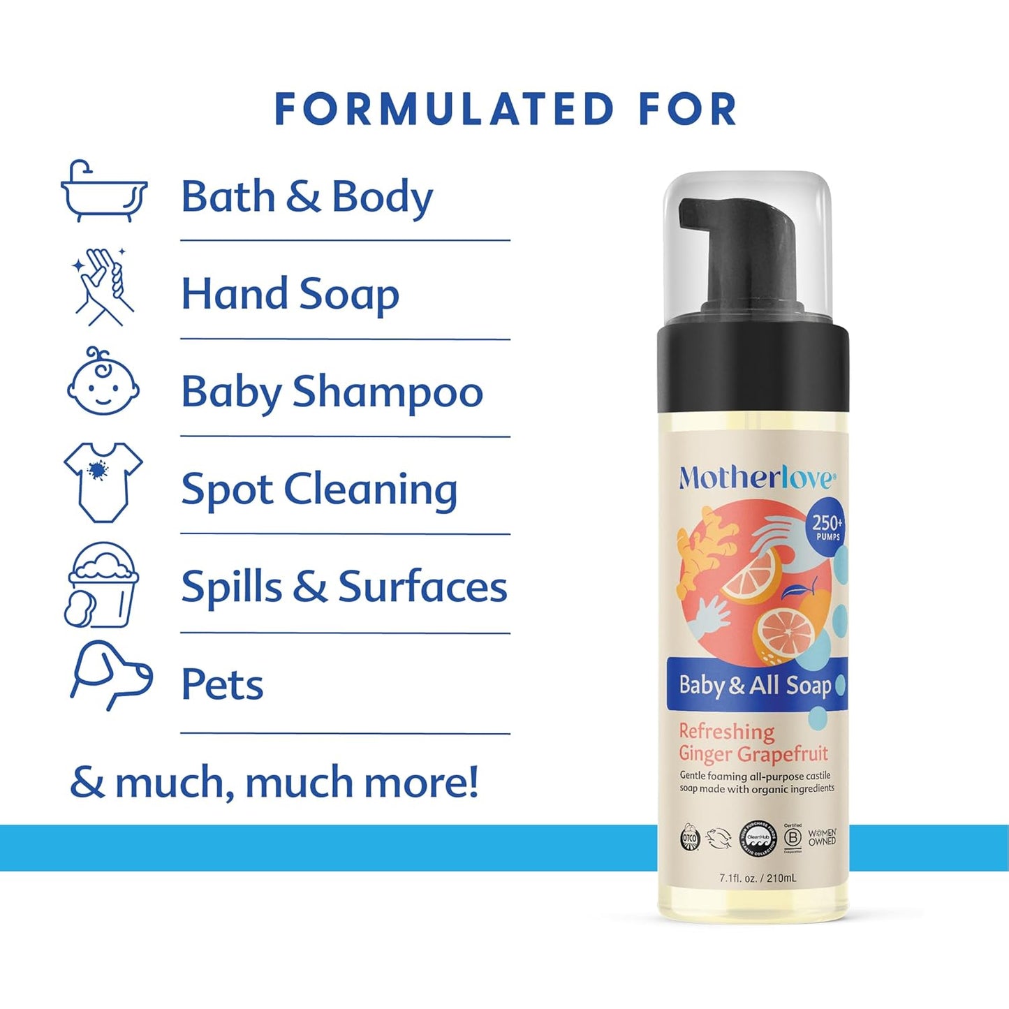 Motherlove Baby & All Soap (32 oz) Gentle Foaming All-Purpose Castile Soap Made with Organic Ingredients – Refreshing Ginger Grapefruit
