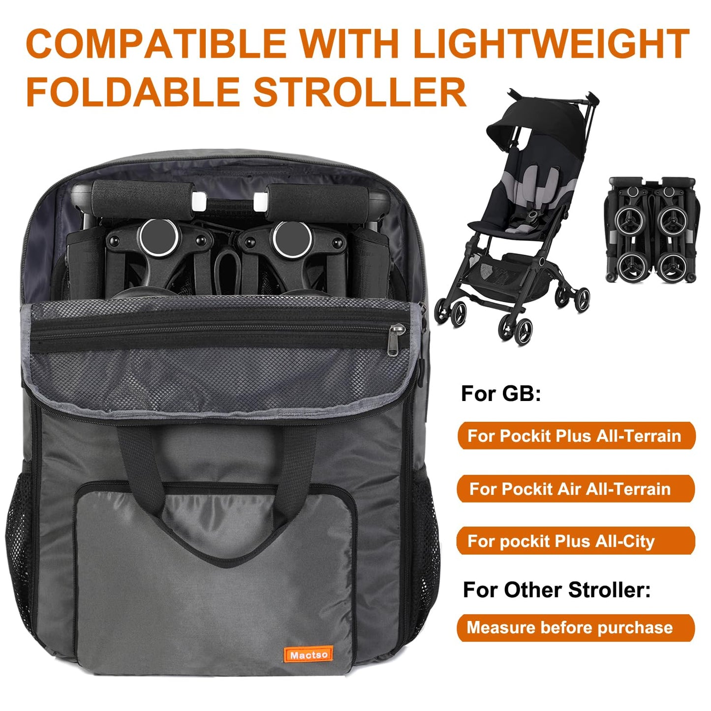 Mactso Stroller Travel Bag Compatible with GB Pockit Air Plus All Terrain and GB Pockit + All City, Lightweight Stroller Travel Backpack for Airplane (Grey, L)