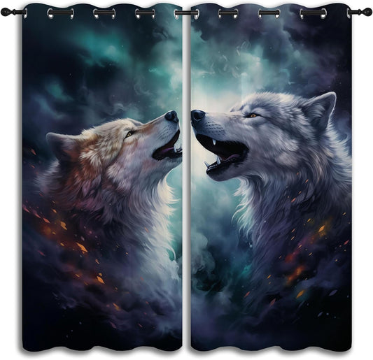 Forest Wildlife Blackout Curtains for Boys Girl Bedroom Decor,Blue Fantasy Starry Sky Howling Wolf Thermal Insulated Grommet Drapes Darkening Window Curtain for Living Room Home 84x63 inch