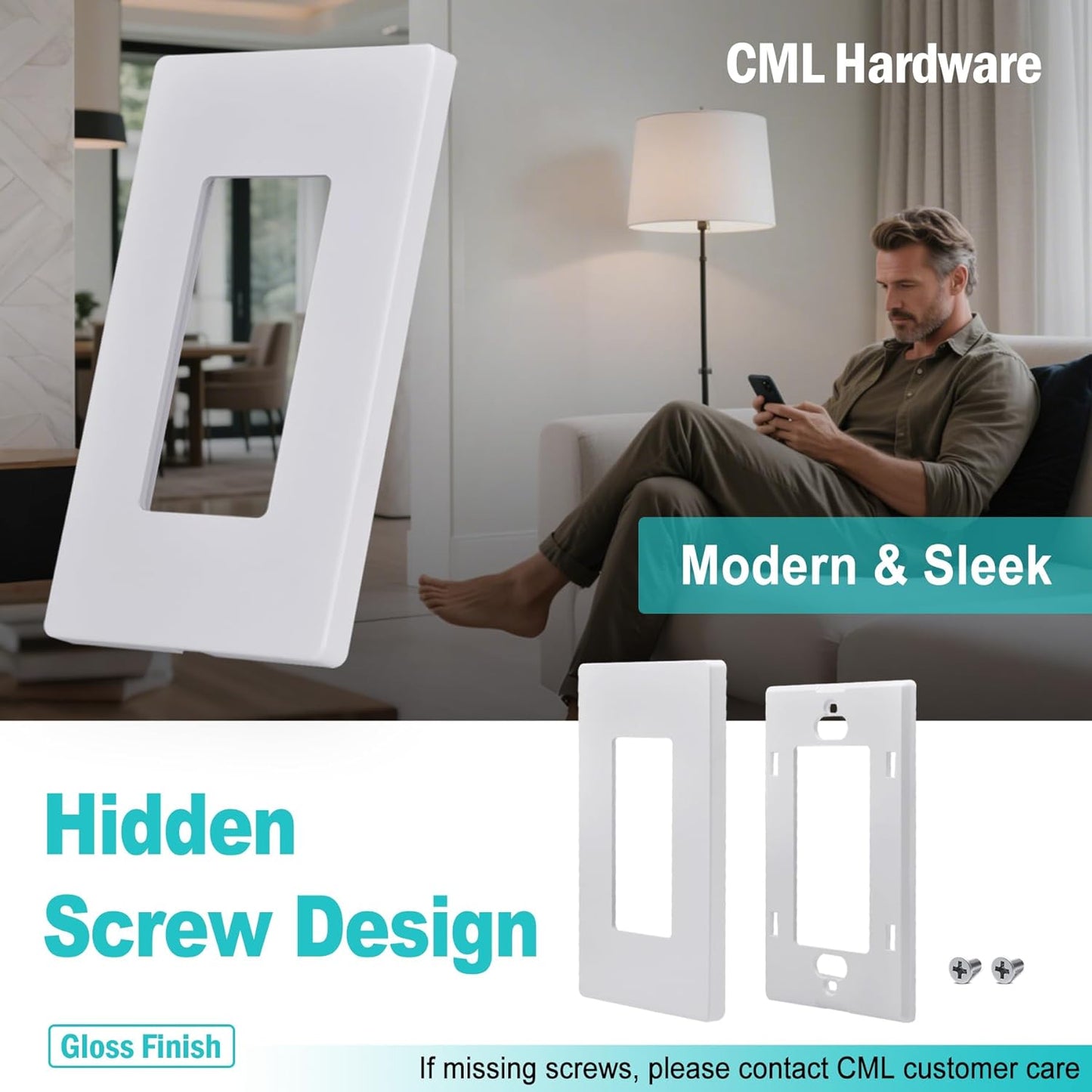 CML Decorator Screwless Wall Plate, 1-Gang Receptacle Outlet Cover, 8 Pack Hidden Screw Smooth Face Switch Plates, Standard Size 2.91"x4.68", UL Listed, White