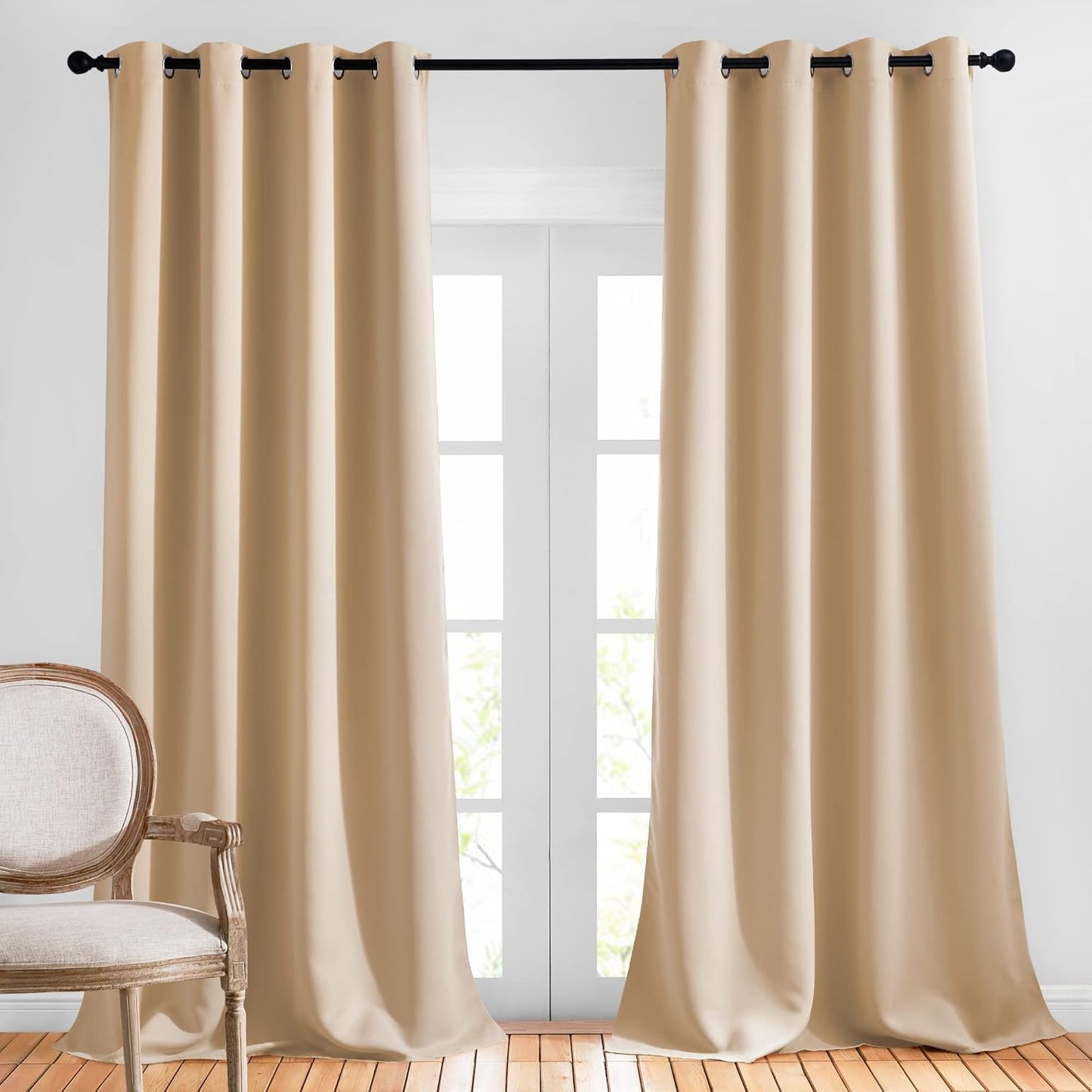 NICETOWN Room Darkening Curtains for Living Room, Grommet Window Treatment Thermal Insulated Solid Sound Reducing Drapes for Bedroom, Biscotti Beige, Set of 2, W52 x L102