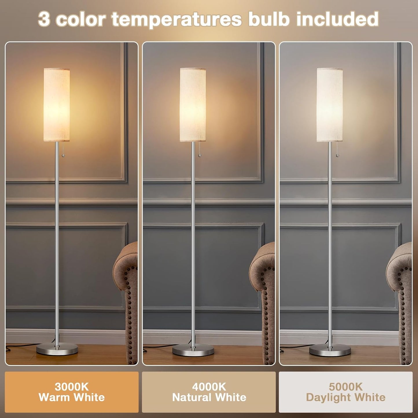 Ambimall Floor Lamp for Living Room with 3 Color Temperatures Bulb, 64" Standing lamp with Linen lampshade for Bedroom, Minimalist Pole Lamp, Beige Shade & Silver Pole