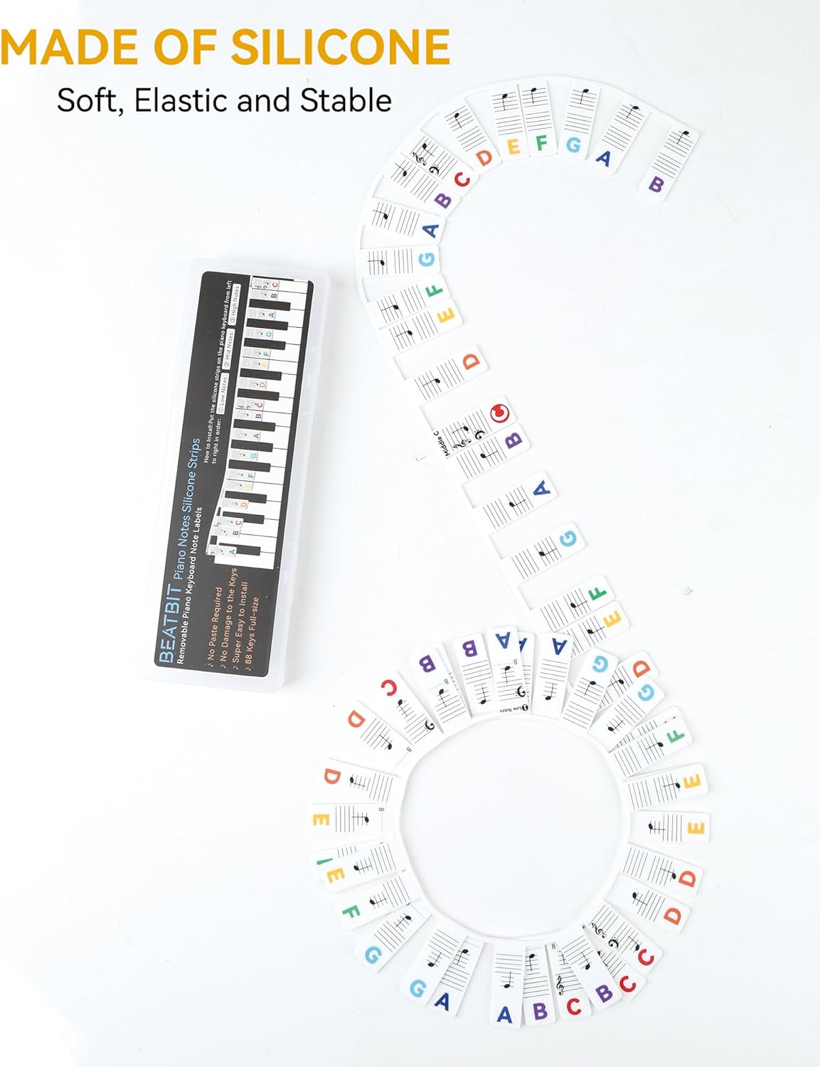 Piano Notes Guide for Beginner, Removable Piano Keyboard Note Labels for Learning, 88-Key Full Size, Made of Silicone, No Need Stickers, Reusable and Comes with Box (Rainbow Colors）