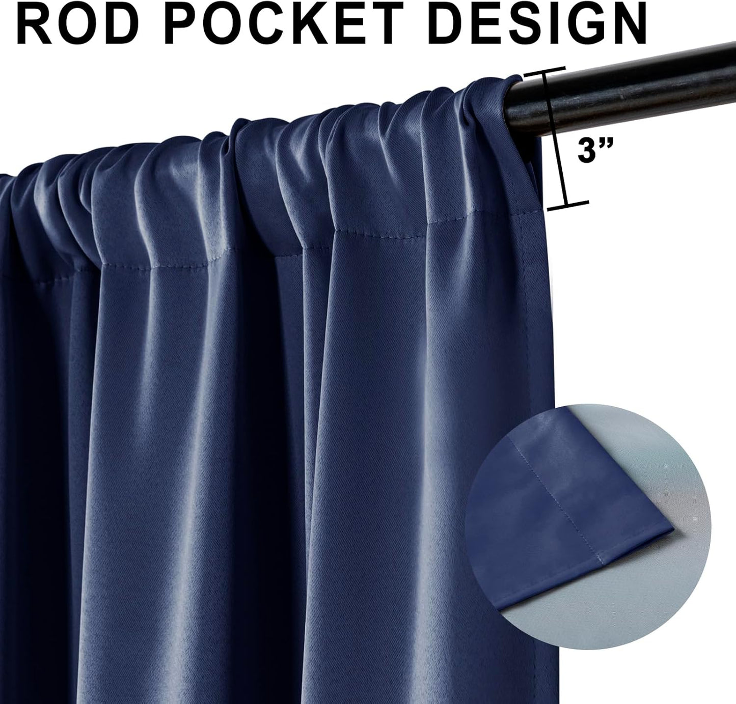 XWZO 100% Blackout Curtain Panels - Thermal Insulated Black Liner, Noise Reducing and Heat Blocking Rod Pocket Drapes for Hall and Studio Windows with Tiebacks, Navy Blue, W52 x L54, Set of 2