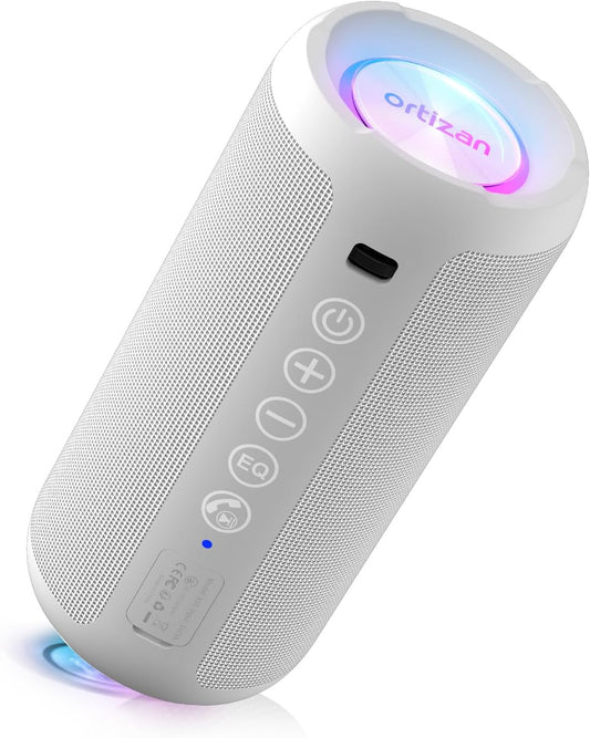 Ortizan Portable Bluetooth Speaker: IPX7 Waterproof, 24W Loud Sound, Deep Bass, Bluetooth 5.3, LED Lights, Wireless Stereo Pairing, 30H Playtime, for Home/Outdoor/Party/Beach, Birthday Gift (White)