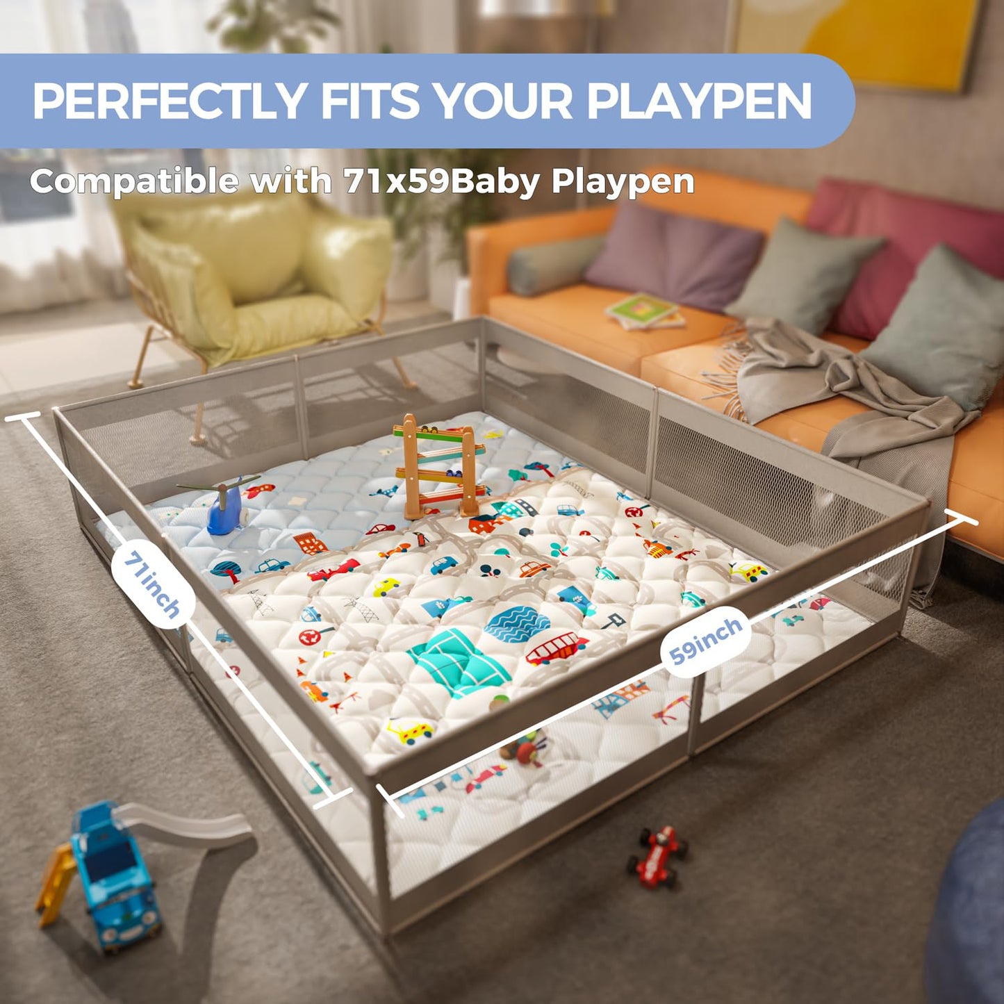 Car Portable Baby Play Mats for Baby 71" X 59" Playpen Mat Upgraded Thicker Babies Floor Play Mat Non-Slip Cushioned Crawling Mat Waterproof Activity Playmats for Babies Toddler Tummy Time(71X59)