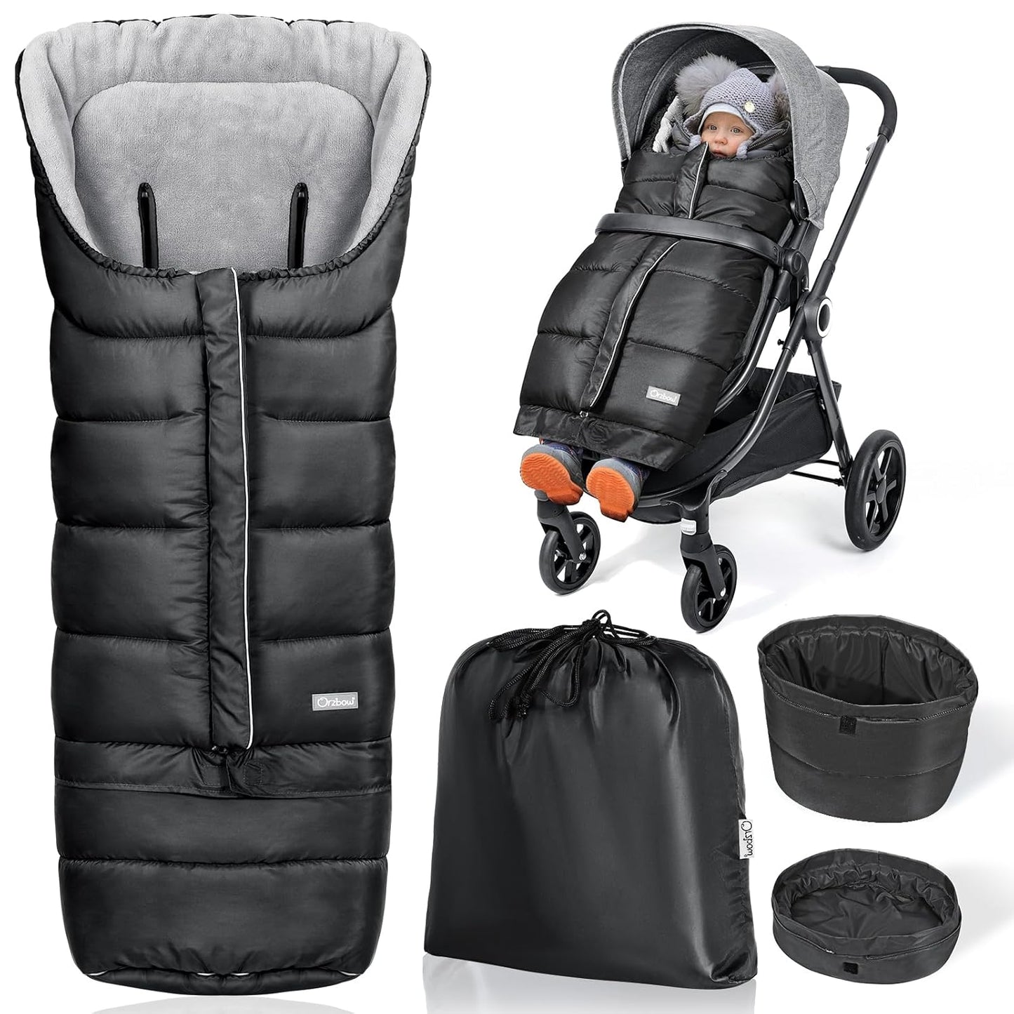 Orzbow Universal Stroller Bunting Bag with Extra Footmuff for Toddler, Kids, Warm Waterproof Stroller Blanket, Winter Cover, Baby Bunting Bag - Protect Babies from Cold Winds, Black