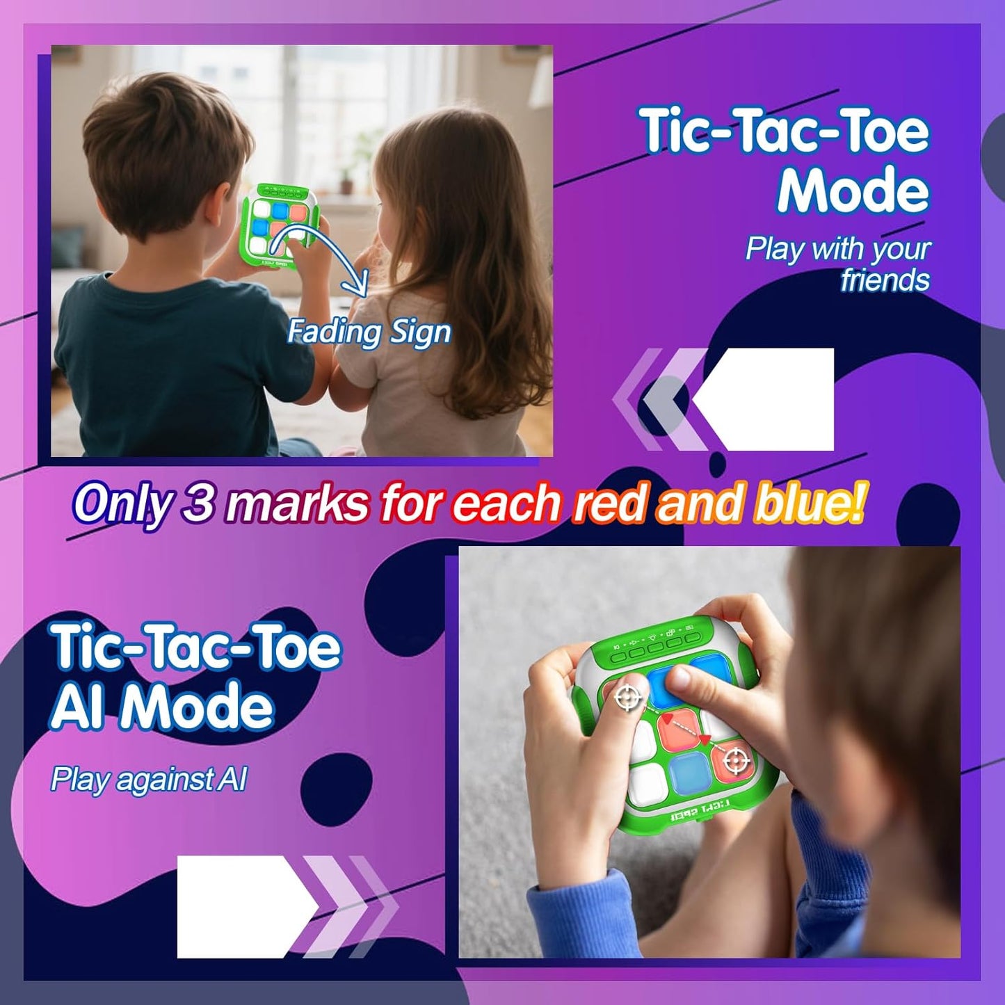 Tic Tac Toe Electronic Handheld Puzzle Game Console Fidget Toys w/ 7 Game Modes, Portable Fast and Fun Car Travel Press Games for Kids Adults, Ideal Xmas Birthday Gifts for Ages 3+ (Green)